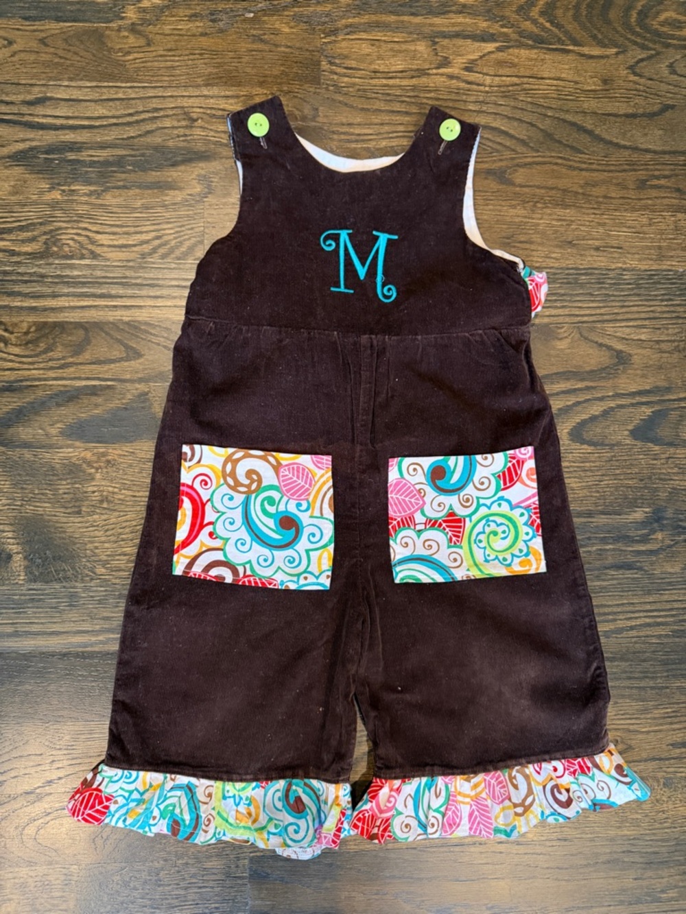Girly Girl Brown Corduroy Romper with Turquoise Monogram and Multicolor Pockets